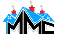 Stylized blue-roof houses with red chimneys above bold black and white letters “MME”