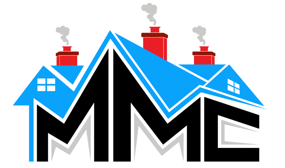 Stylized blue-roof houses with red chimneys above bold black and white letters “MME”