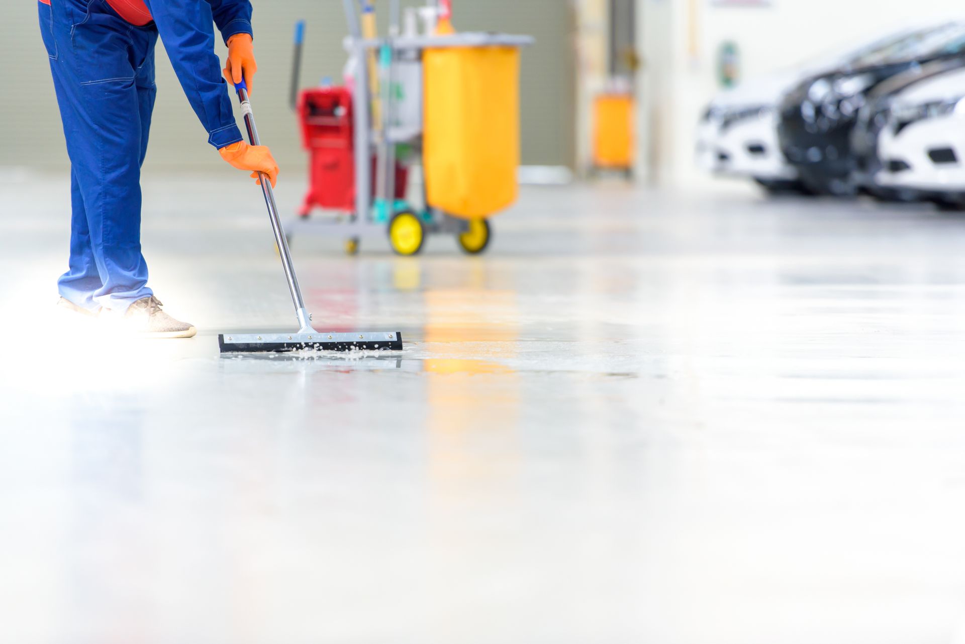 Office cleaners mopping a wet floor around desks and computers in a bright workspace