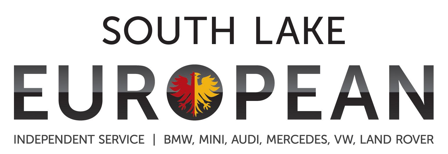 South Lake European auto service logo with black text and a red-yellow lion emblem