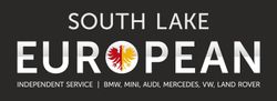 South Lake European auto service logo with white text and red-yellow lion emblem on a dark gray background