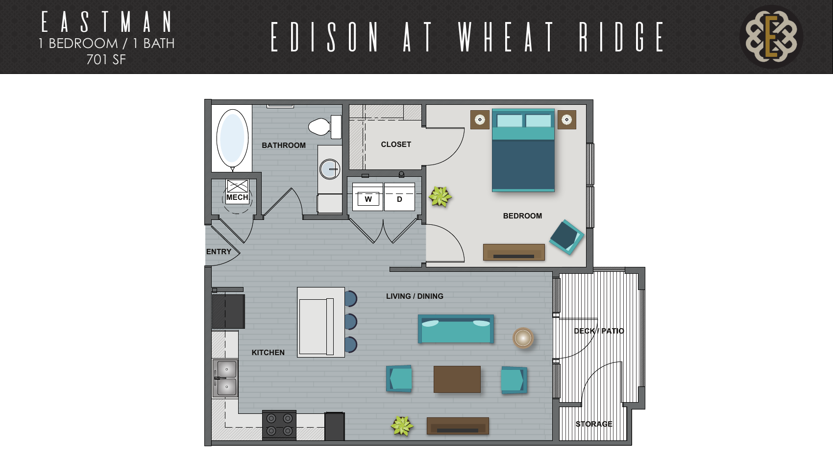 Floor plan of a modern bedroom and bath with gray furniture and blue accents