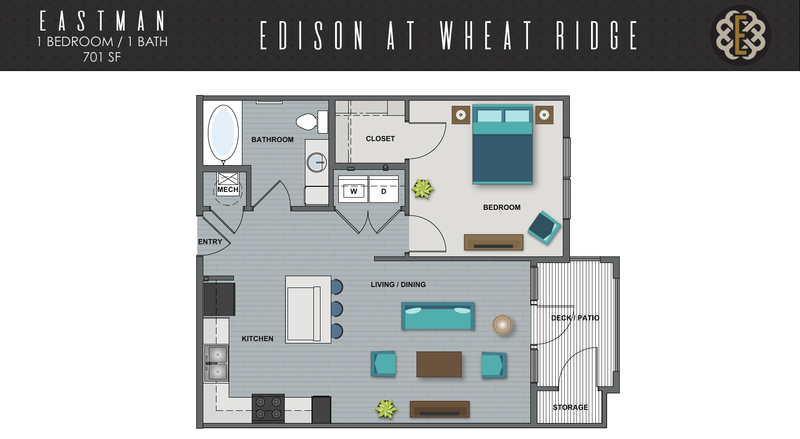 Floor plan of a modern bedroom and bath with gray furniture and blue accents