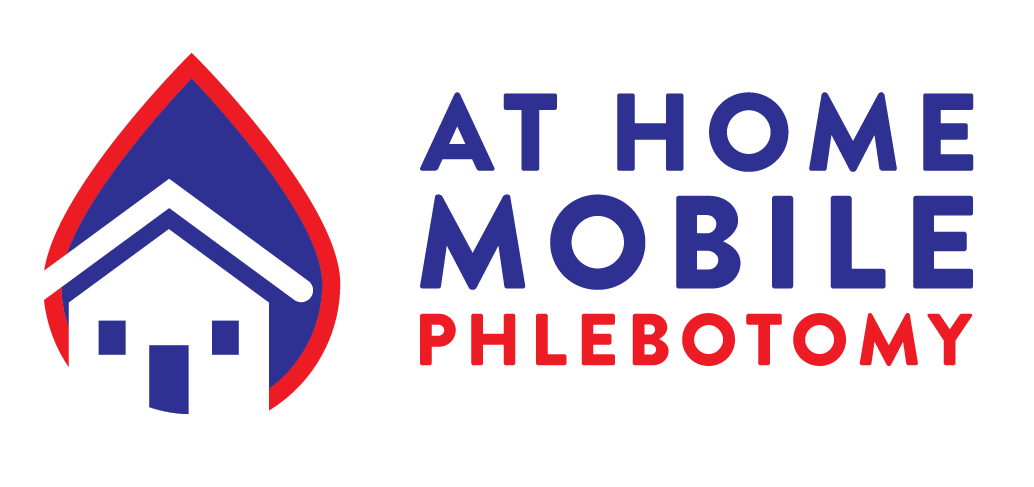 The logo for at home mobile phlebotomy has a red house on it.
