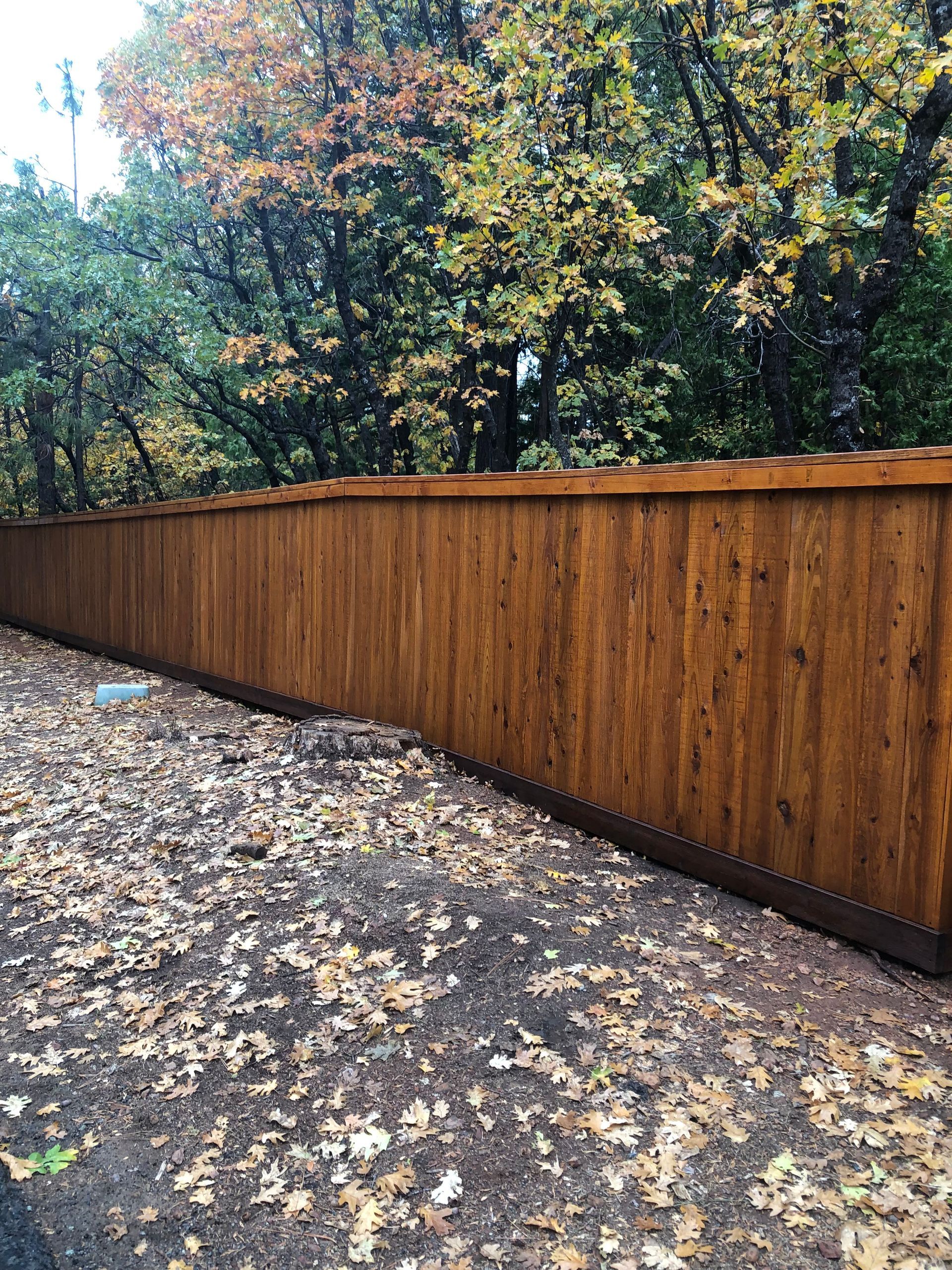 A tall, stained wooden fence stretches across an outdoor area covered in fallen autumn leaves under mature trees.
