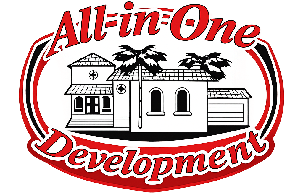 Logo for All-in-One Development, featuring a black-and-white house icon with palm trees inside a red and black oval.