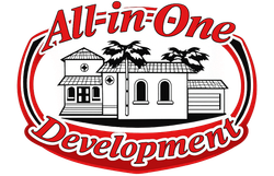 Logo for All-in-One Development, featuring a black-and-white house icon with palm trees inside a red and black oval.