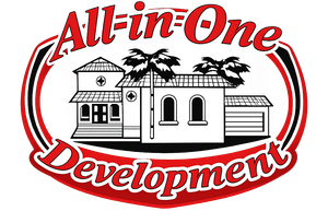 Logo for All-in-One Development, featuring a black-and-white house icon with palm trees inside a red and black oval.