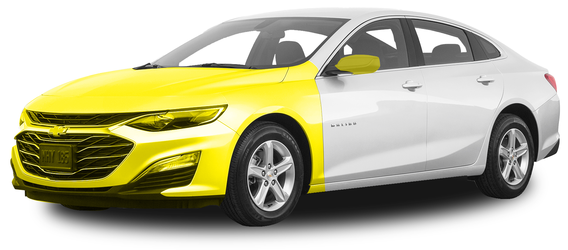 A white car with a yellow fender on a white background.