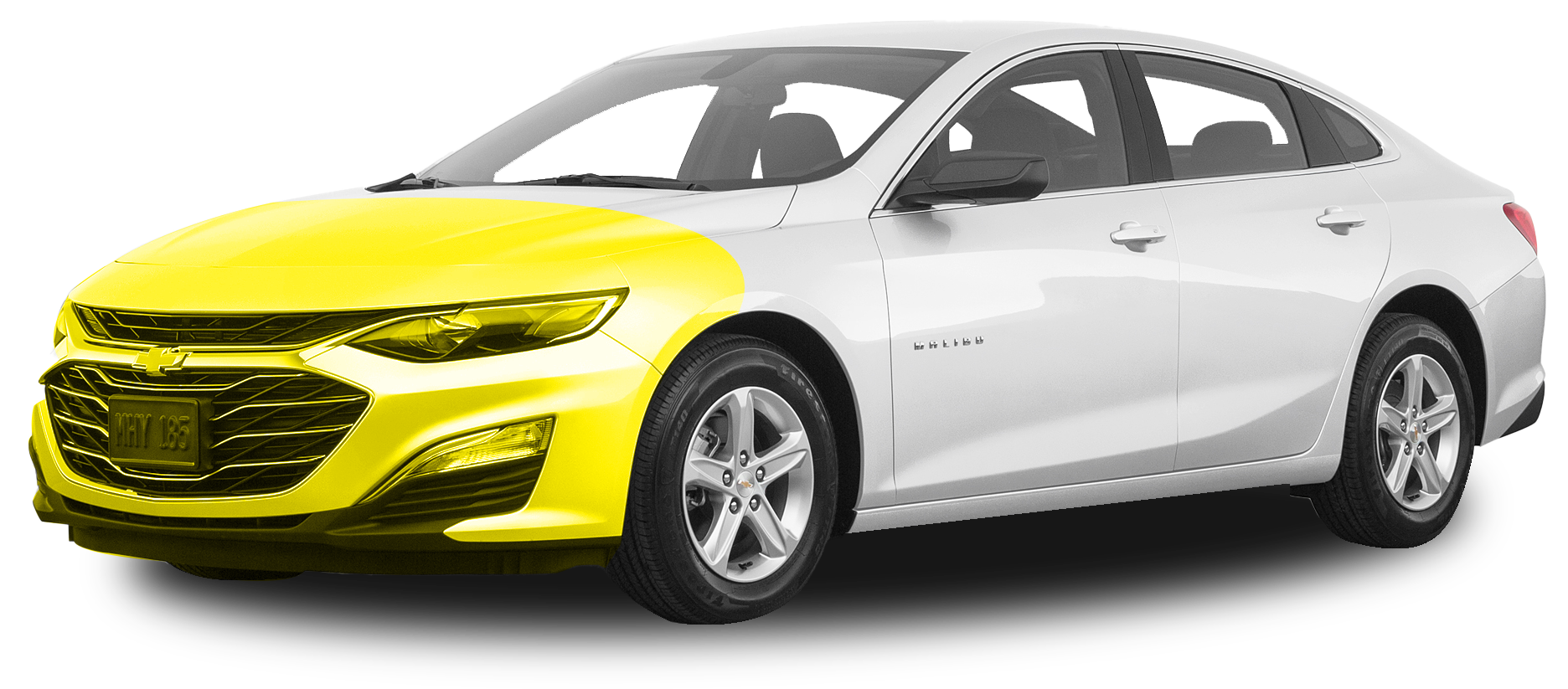 A white car with a yellow front bumper on a white background.