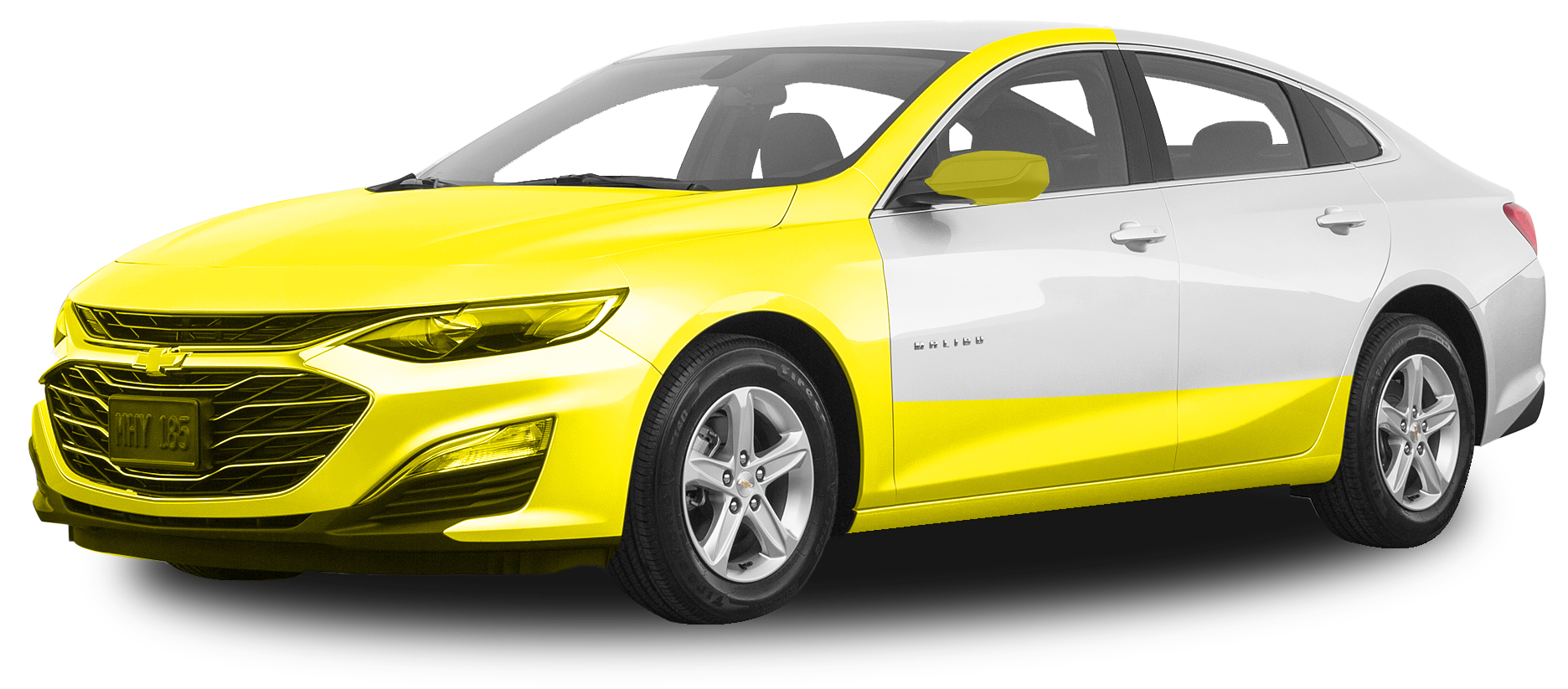 A yellow and white car on a white background.
