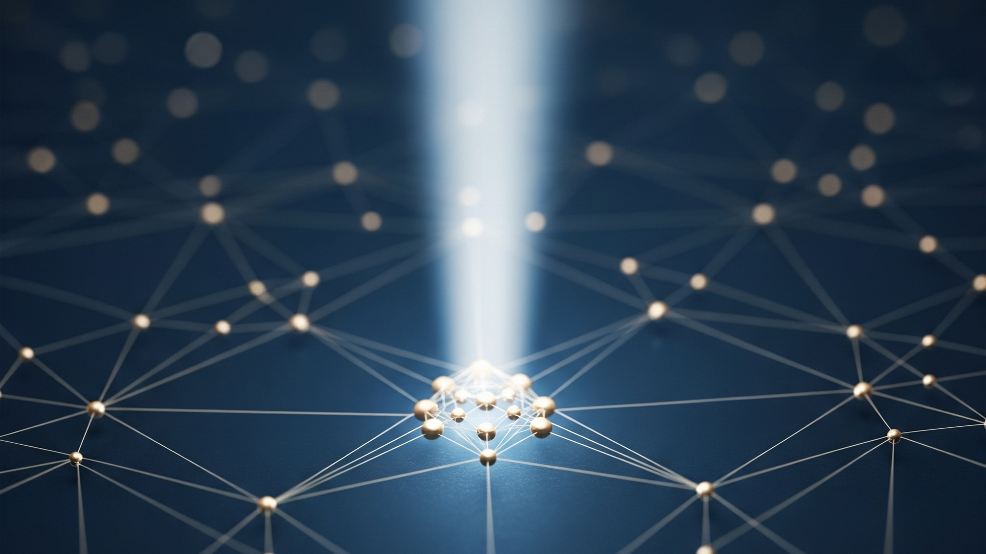 Network of connected nodes, lit by a bright beam of light from above, set against a dark blue background.
