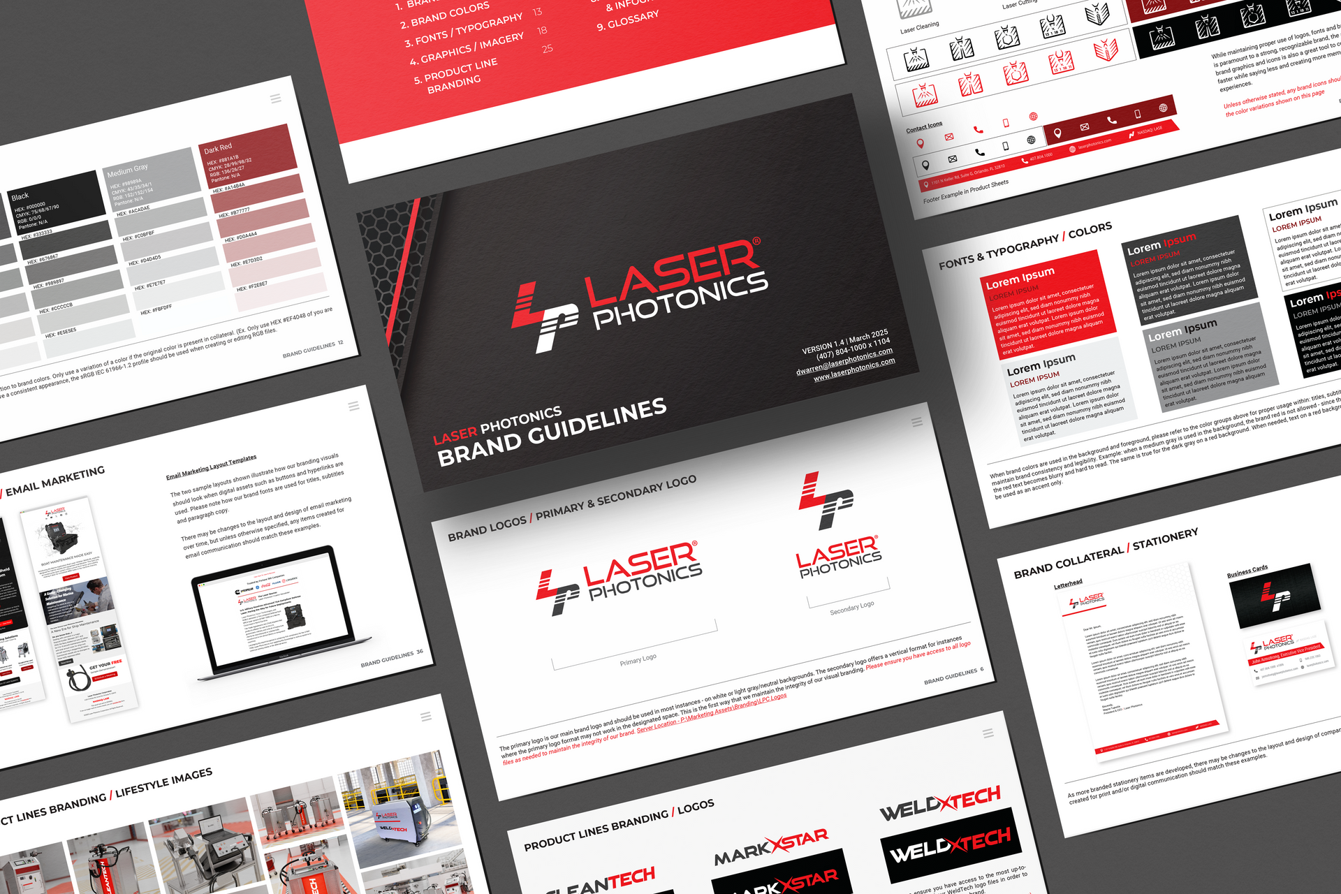 Brand guidelines document for Laser Photonics, with logo and color palette in red and black.
