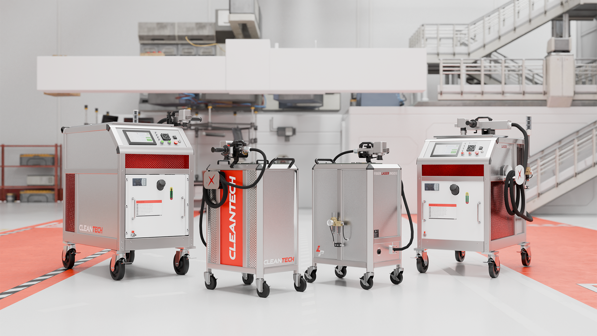 Four silver and red industrial machines on wheels in a white lab setting with orange flooring.