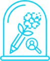 Blue icon: pencil, flower, person icon with magnifying glass, inside a dome.
