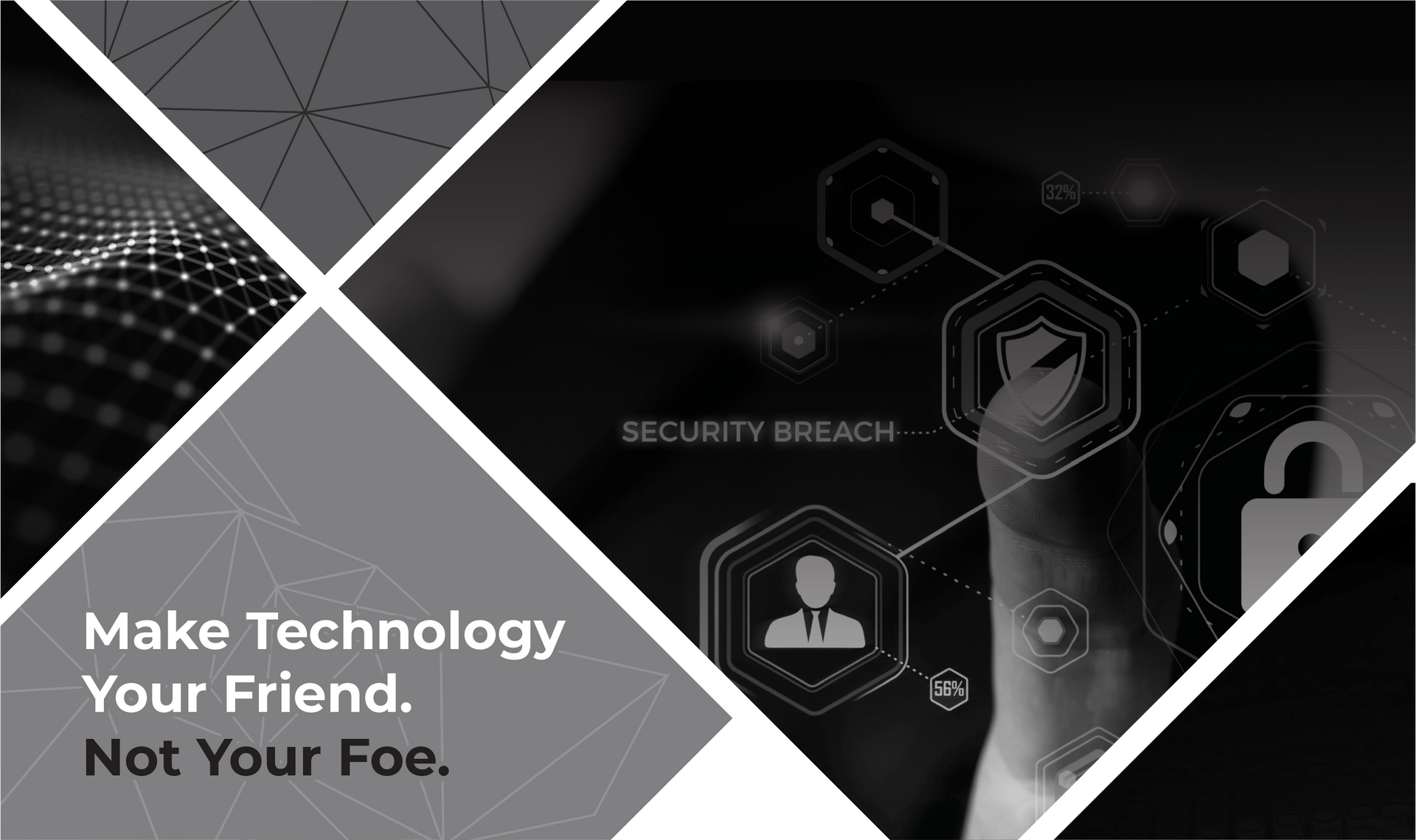 Black and white graphic with hand touching a security breach icon. Text: