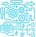 Blue engine diagram with gears, circuits, and a gauge reading 100+.