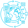 Global network with documents, web pages, mobile device, and retail store connected to a central globe.