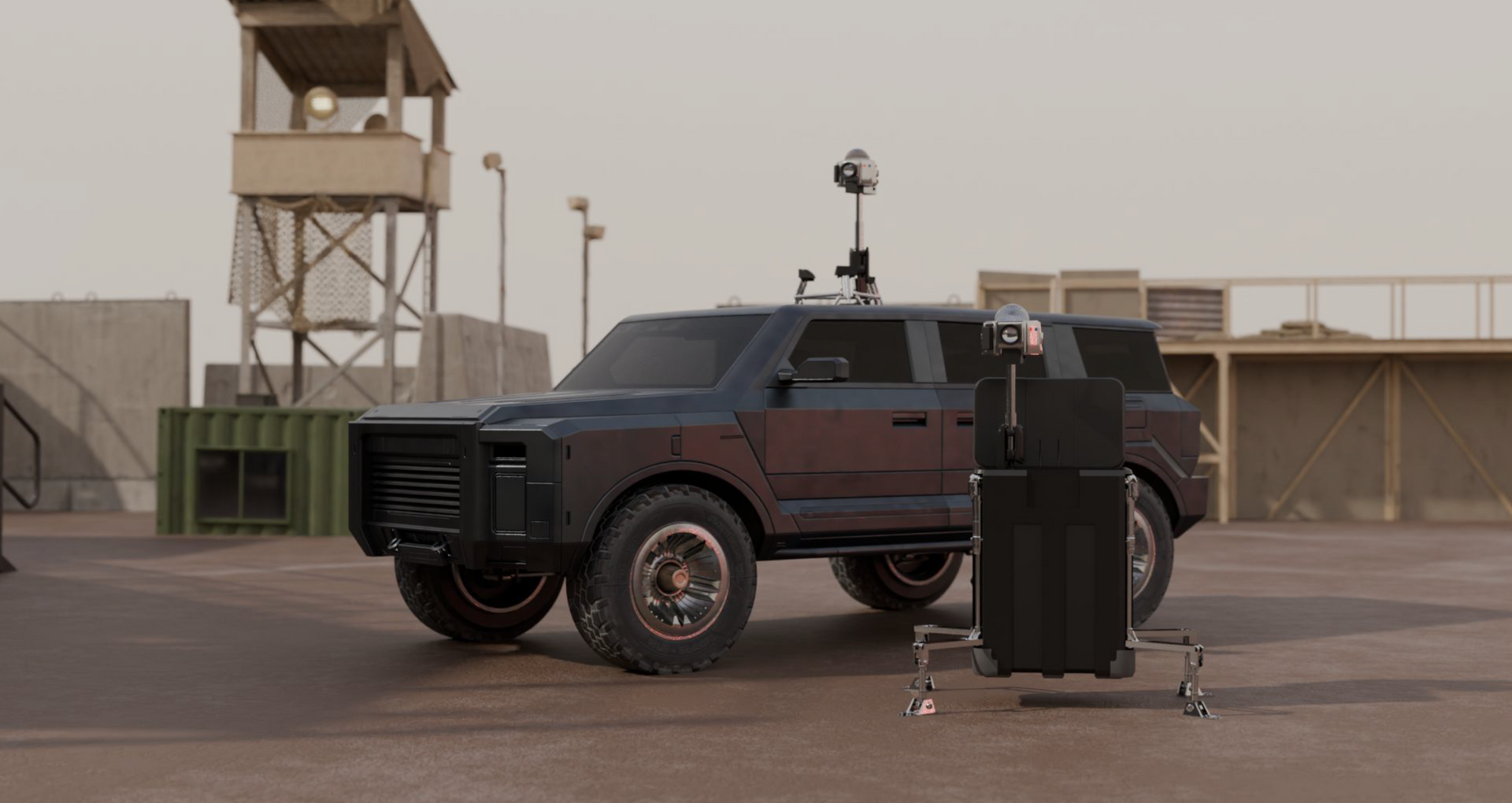 Dark-colored SUV with antenna, in a dusty outdoor setting with a security tower and equipment.