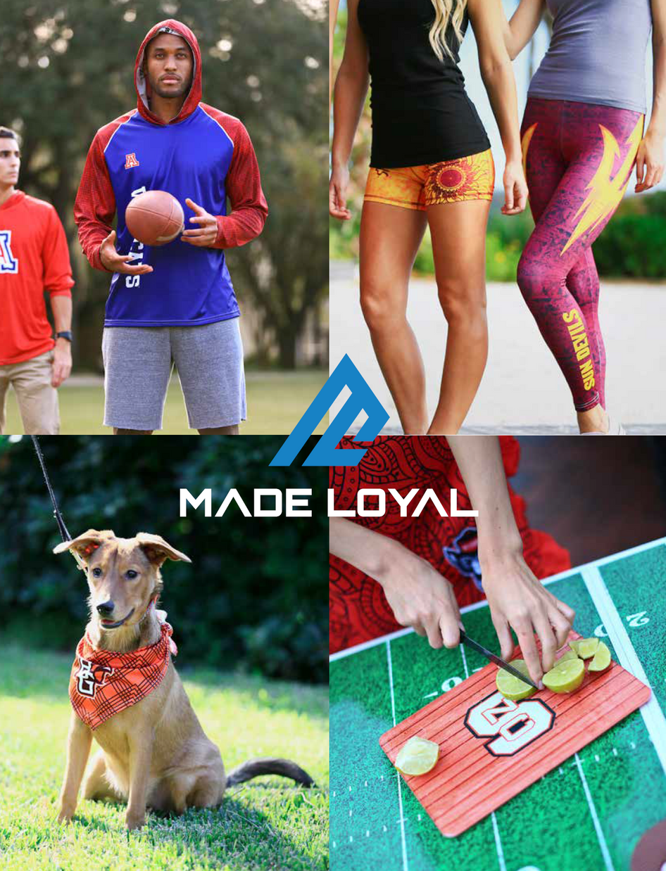 Collage: Sports merchandise including apparel, decor, and accessories in various settings.