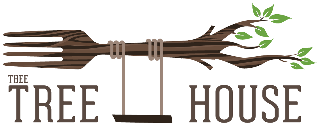 Logo for The Tree House restaurant with a wooden fork and tree branch forming a swing.