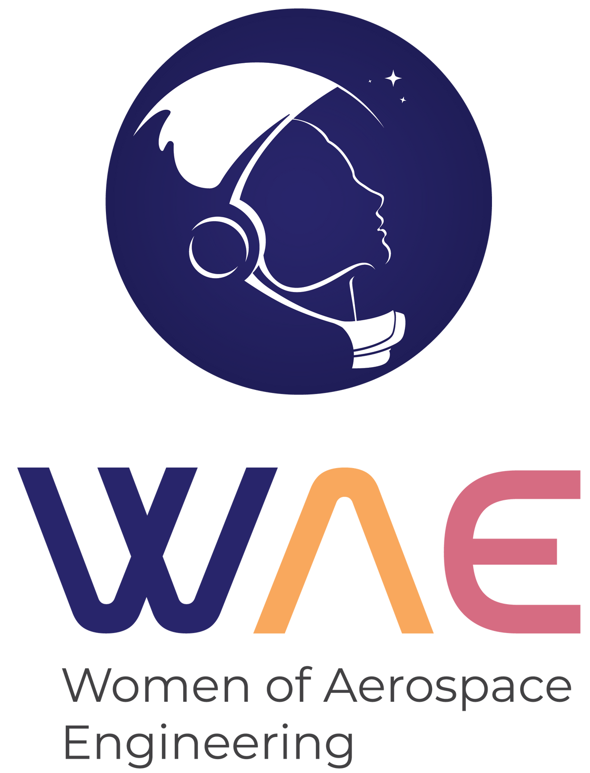 Logo of Women of Aerospace Engineering: Silhouette of astronaut in a blue circle above