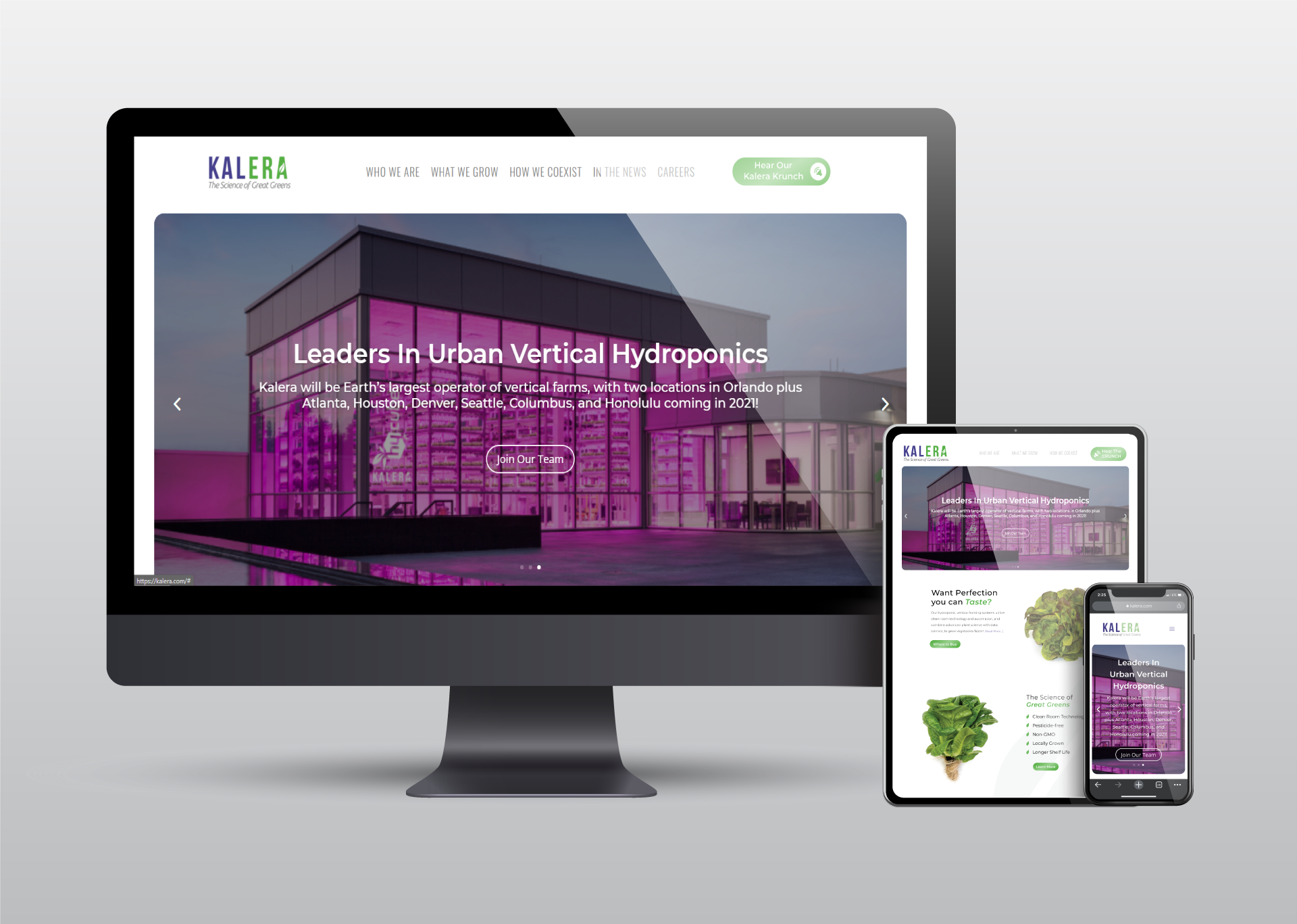 Website displayed on computer, tablet, and phone; a building with purple-lit interior.