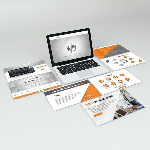 Laptop with WIN logo on screen, surrounded by printed website pages, orange and gray design.