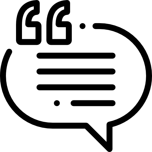 Quotation mark icon with a speech bubble containing four lines of text.