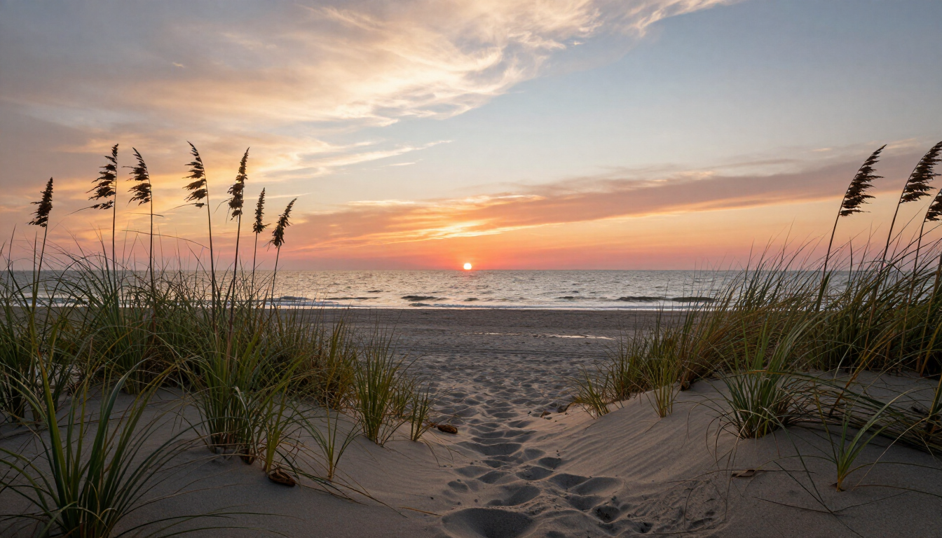 Sunset over a sandy beach with dune grass and footprints leading toward the ocean