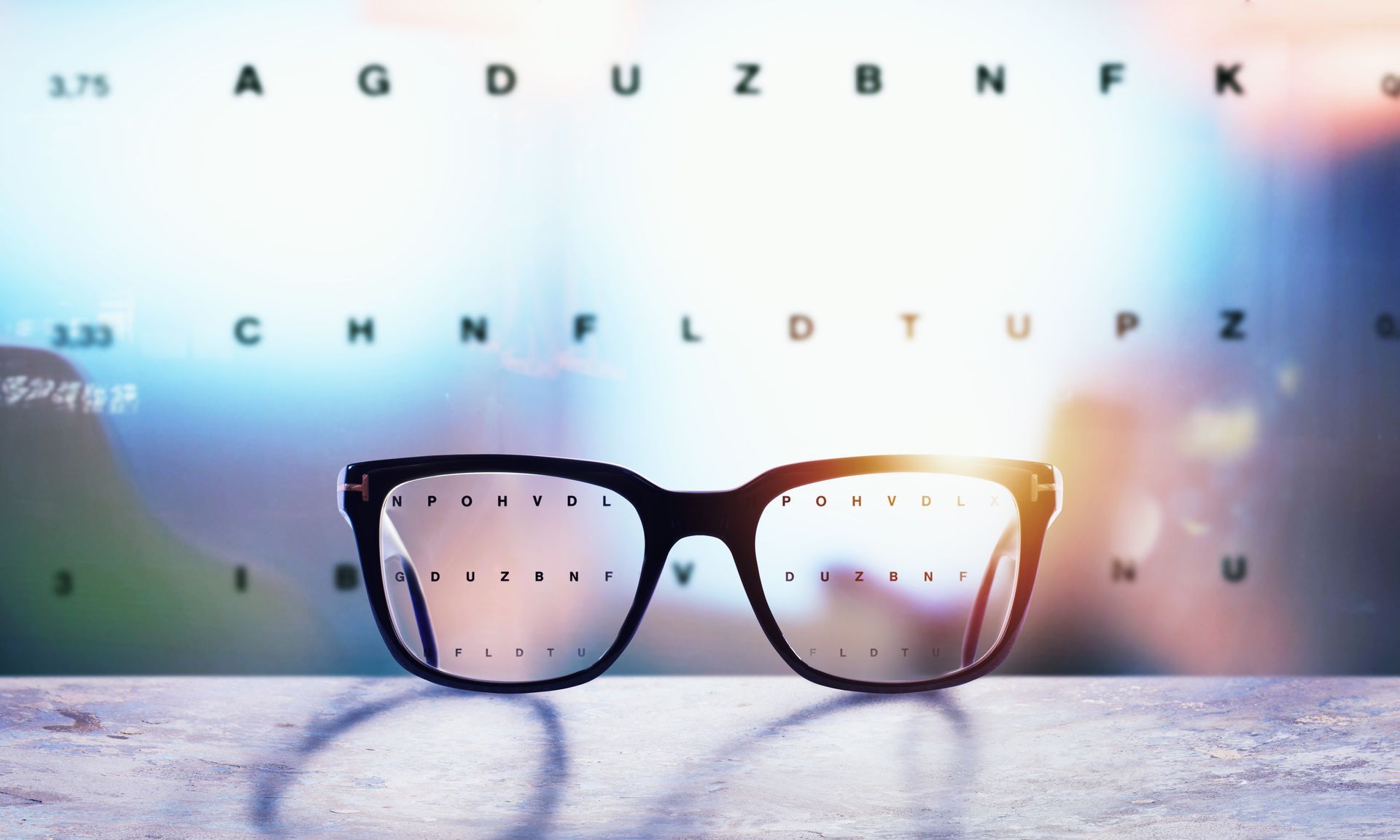 Black eyeglasses on a table with floating alphabet letters in a blurred colorful background