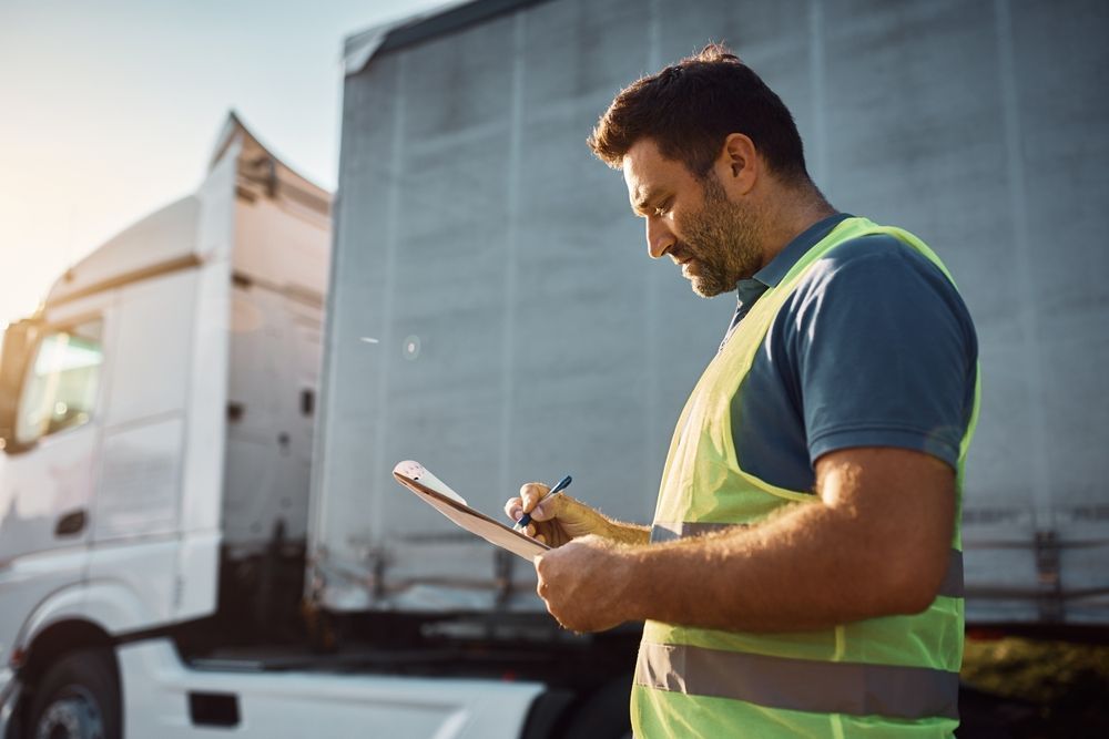 Worker in a yellow safety vest using a clipboard beside trucks in a loading area