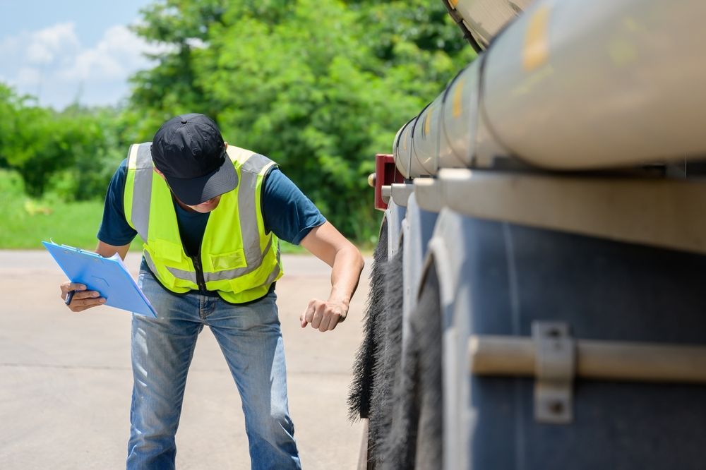 Inspector in a yellow vest examining a pipeline outdoors with a clipboard