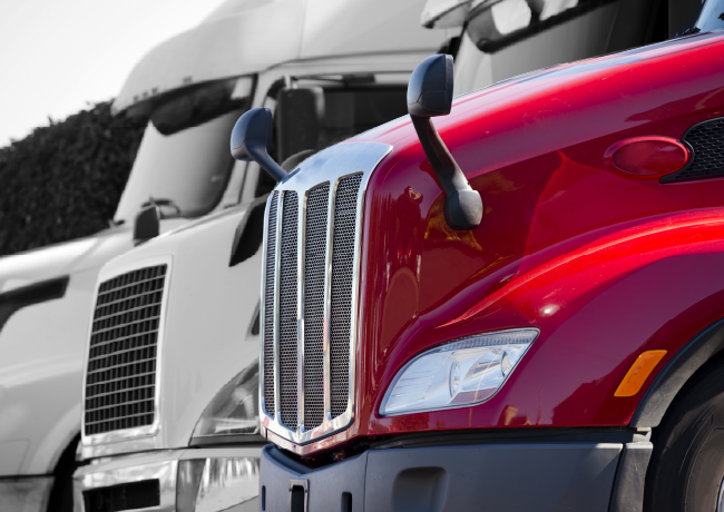 Red and white semi-trucks parked side-by-side, partially in view.