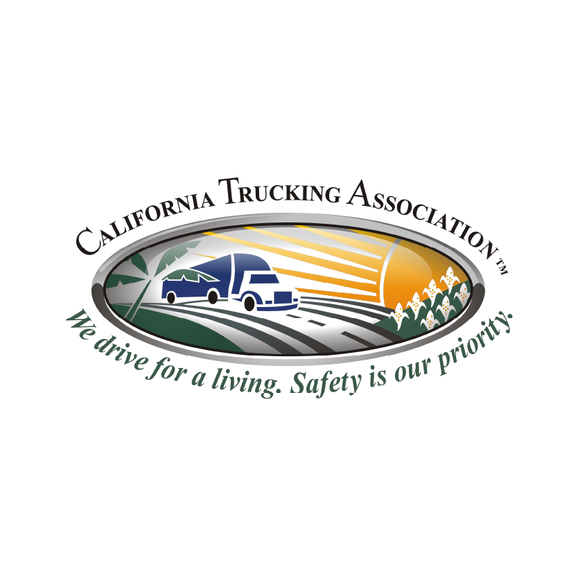 California Trucking Association logo: truck on road, sun, palm tree, text.