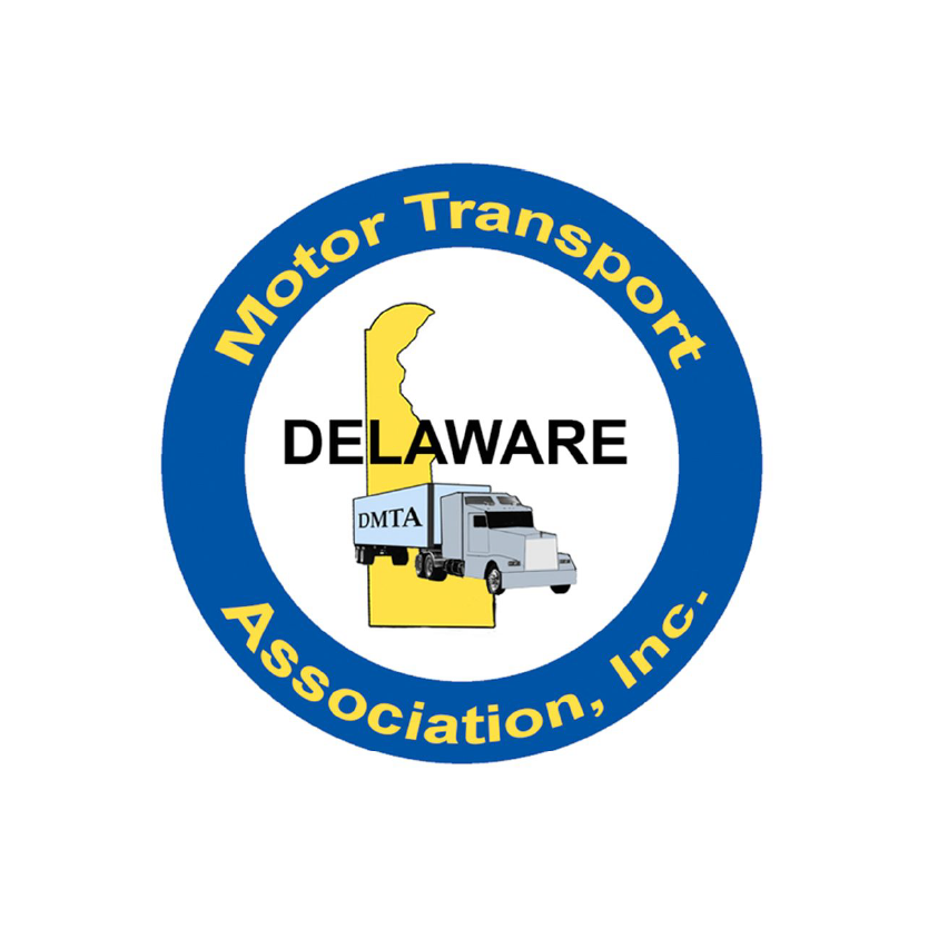Delaware Motor Transport Association, Inc. logo: Blue circle with text, outline of Delaware, truck graphic.