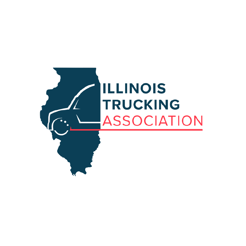 Logo for Illinois Trucking Association; blue outline of Illinois, white truck graphic, and text.