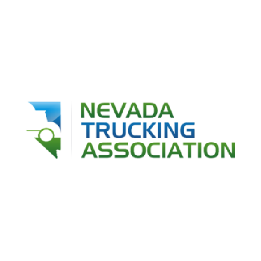 Nevada Trucking Association logo: blue and green design with text, a stylized Nevada map and truck silhouette.