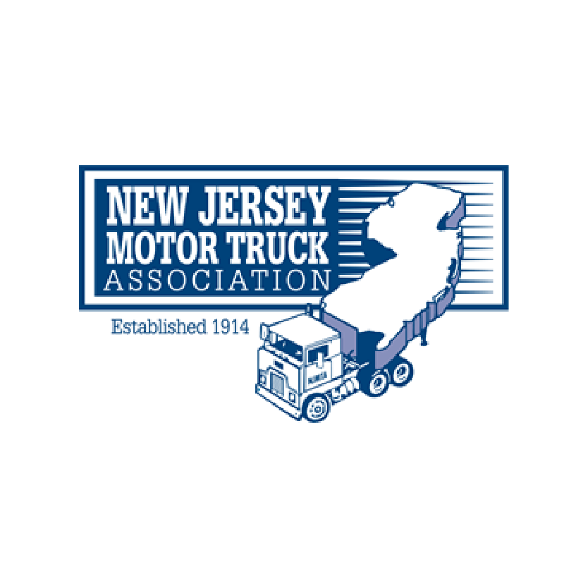 New Jersey Motor Truck Association logo: blue truck silhouette with NJ outline carrying a load, blue text.