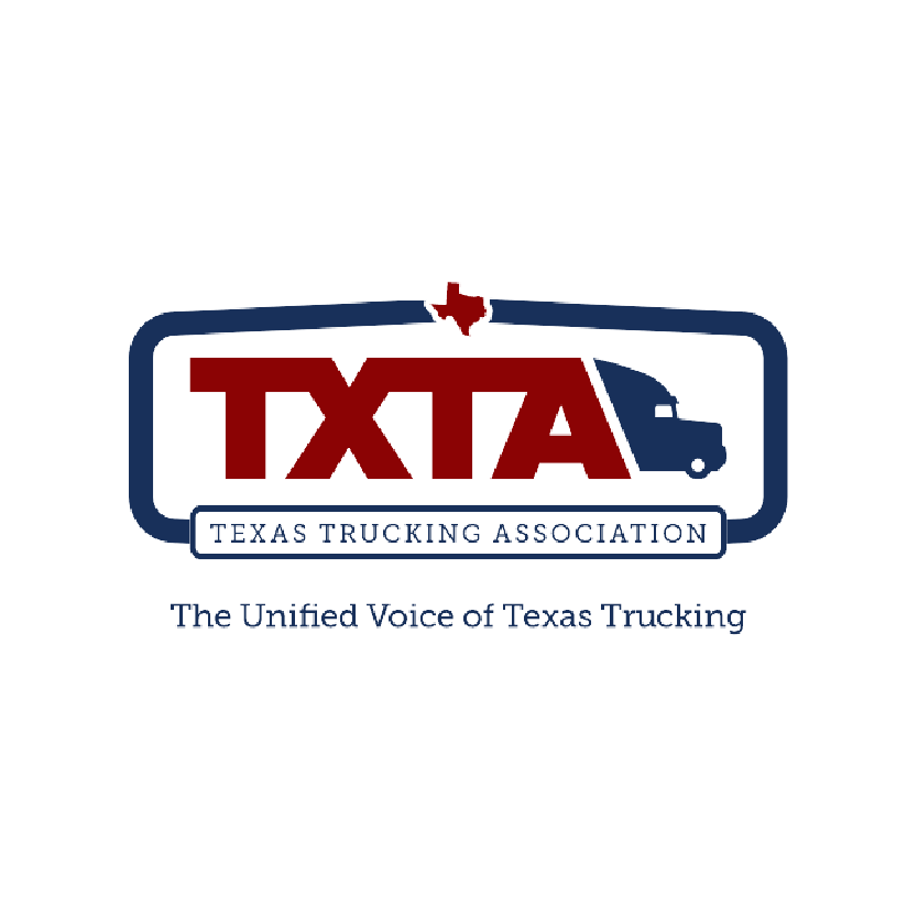 Texas Trucking Association logo: Txta in red with truck silhouette, state outline, and blue outline.