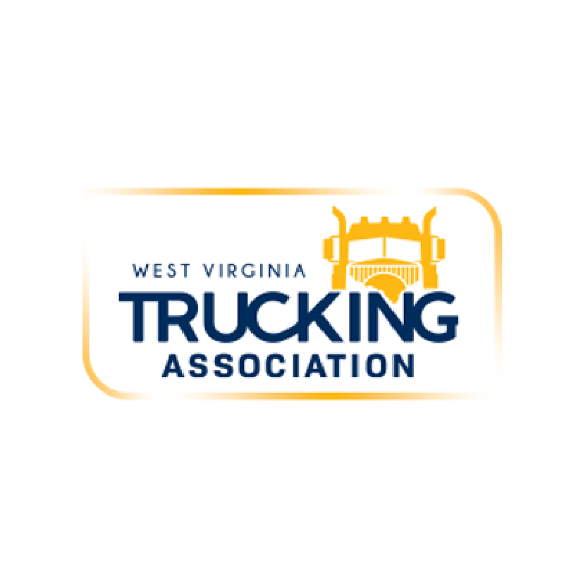 Logo for West Virginia Trucking Association: Blue text and a yellow truck graphic within a yellow-outlined rectangle.
