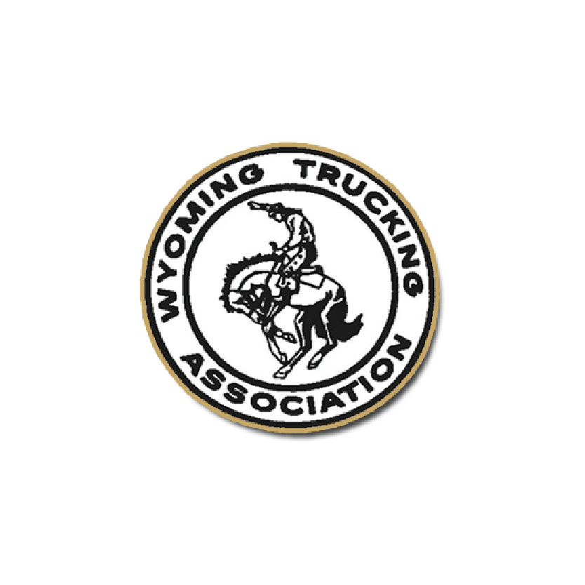 Wyoming Trucking Association logo: Cowboy riding a bucking bronco within a circular border.