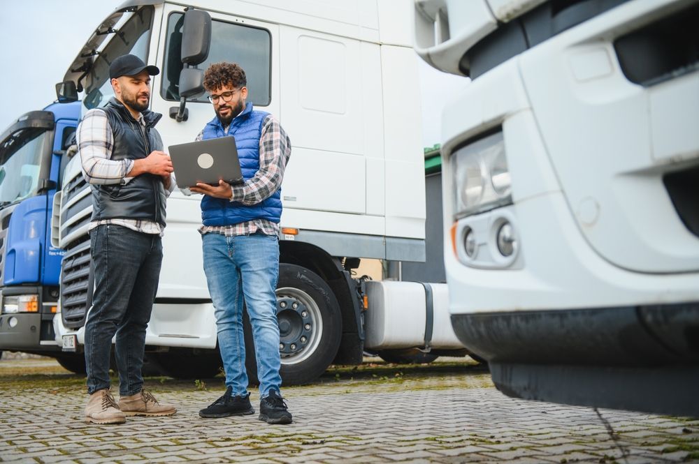 Two workers reviewing a laptop beside a white delivery truck in a warehouse yard