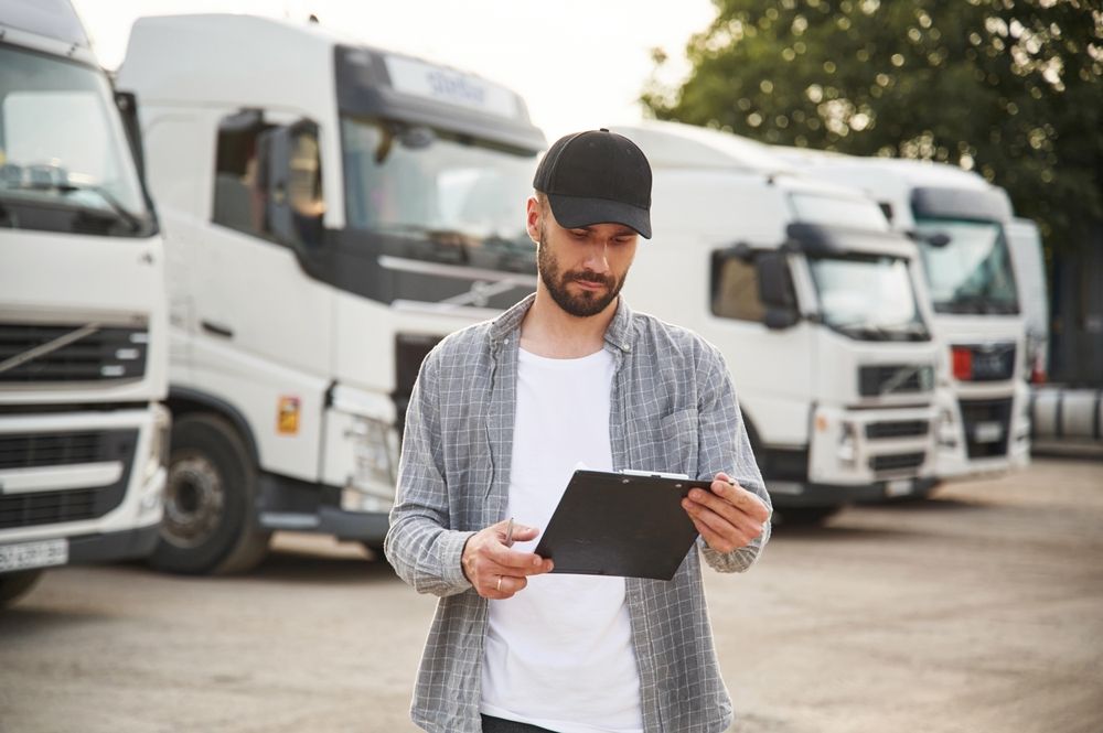 Man holding a clipboard in a truck depot, with white semi-trucks parked behind him