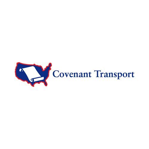 Covenant Transport logo featuring a blue and red USA outline with a scroll, and company name.