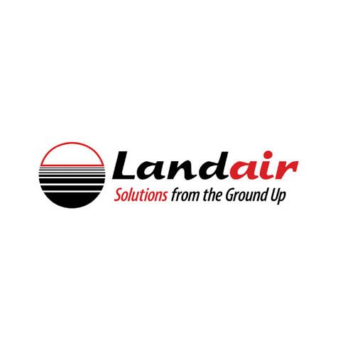 Landair logo: black and red text, circular graphic of horizontal stripes. 