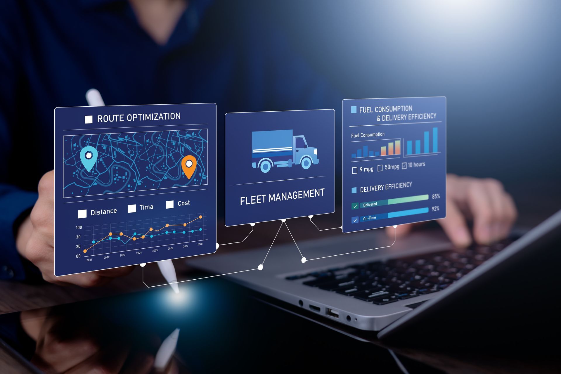 Business analytics dashboard holograms above a laptop in a dark office, with charts and a map icon