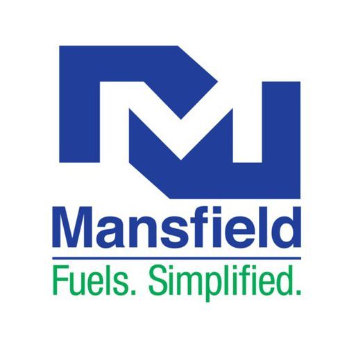 Blue and white Mansfield Fuels logo; text reads 