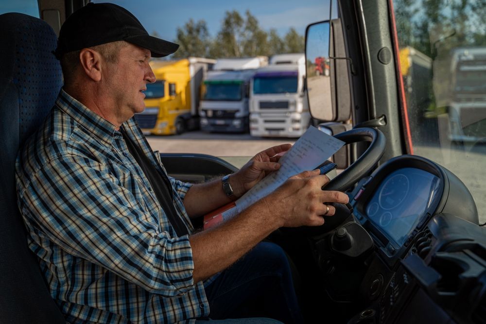 Truck driver in cab looking at paperwork, trucks in background.