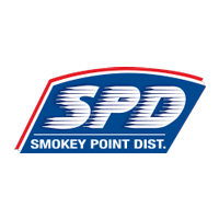 Logo for Smokey Point Dist., blue and white text on a blue background with a red border.